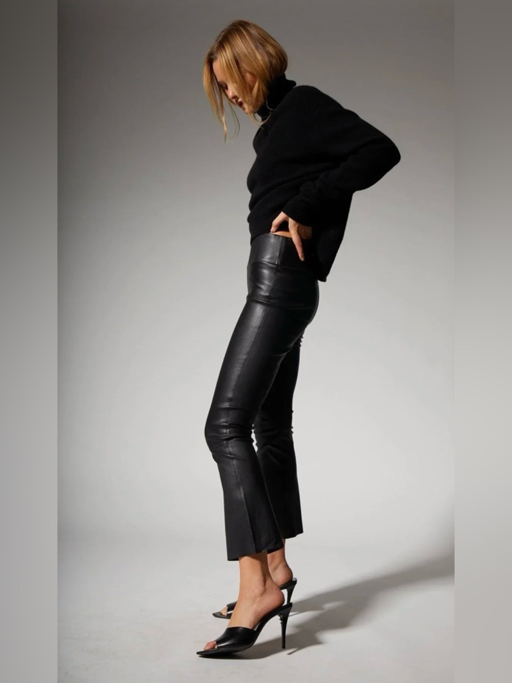 SPRWMN Black Lamb Leather Crop Flare Pants High Rise Size [S] - Picture 3 of 11